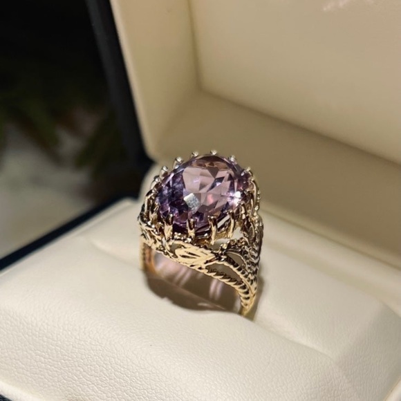 Vintage Estate Giant Amethyst Ring Solid 14k Gold caged prongs Filigree Ring 14K - Picture 14 of 16
